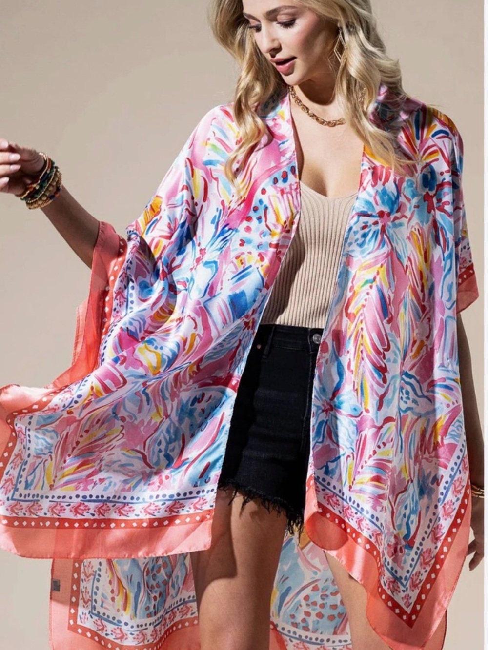 Pretty Persuasions Multi‑Color Floral Print Pink Coral Kimono Tunic